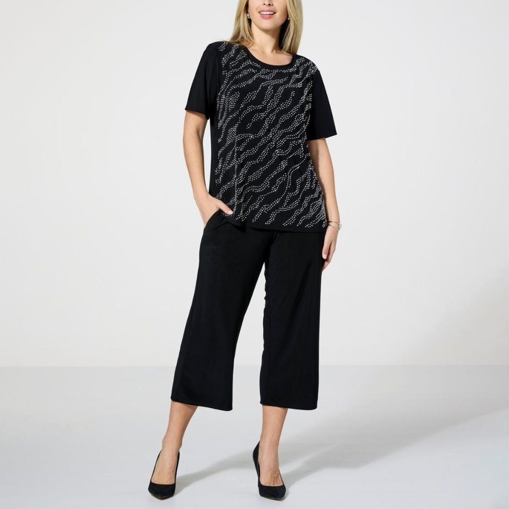 Antthony 2 Pc Embellished Top and Cropped Pant Set Size Medium Black Studded NEW